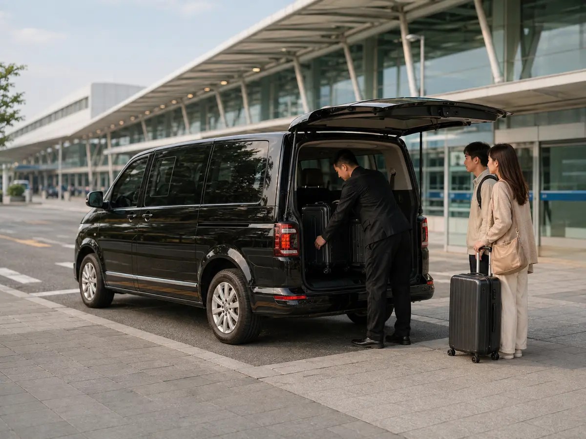 司機在台灣機場協助旅客將行李放入黑色福斯T6